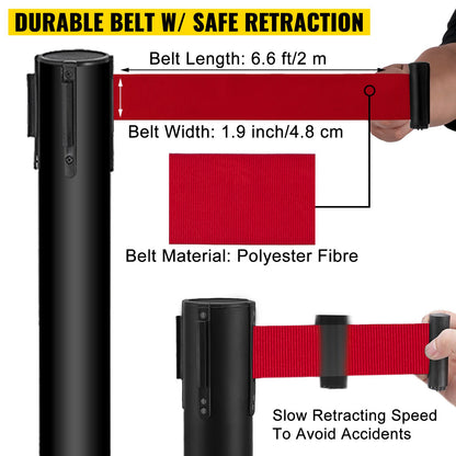 Stanchion Post Barriers 4-Set Line Dividers, Stainless Steel Stanchions with 6.6 Black Retractable Belts, V952-GLZ-CBTZ-HS-4JT01V0