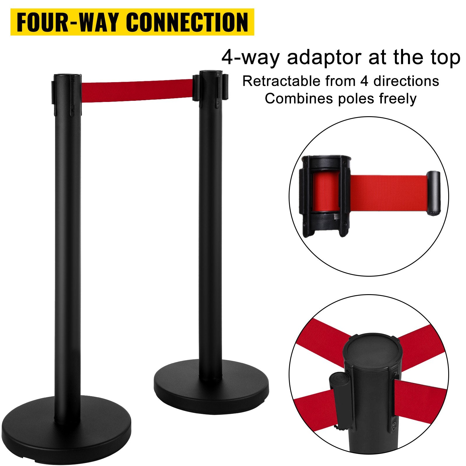 Stanchion Post Barriers 4-Set Line Dividers, Stainless Steel Stanchions with 6.6 Black Retractable Belts, V952-GLZ-CBTZ-HS-4JT01V0
