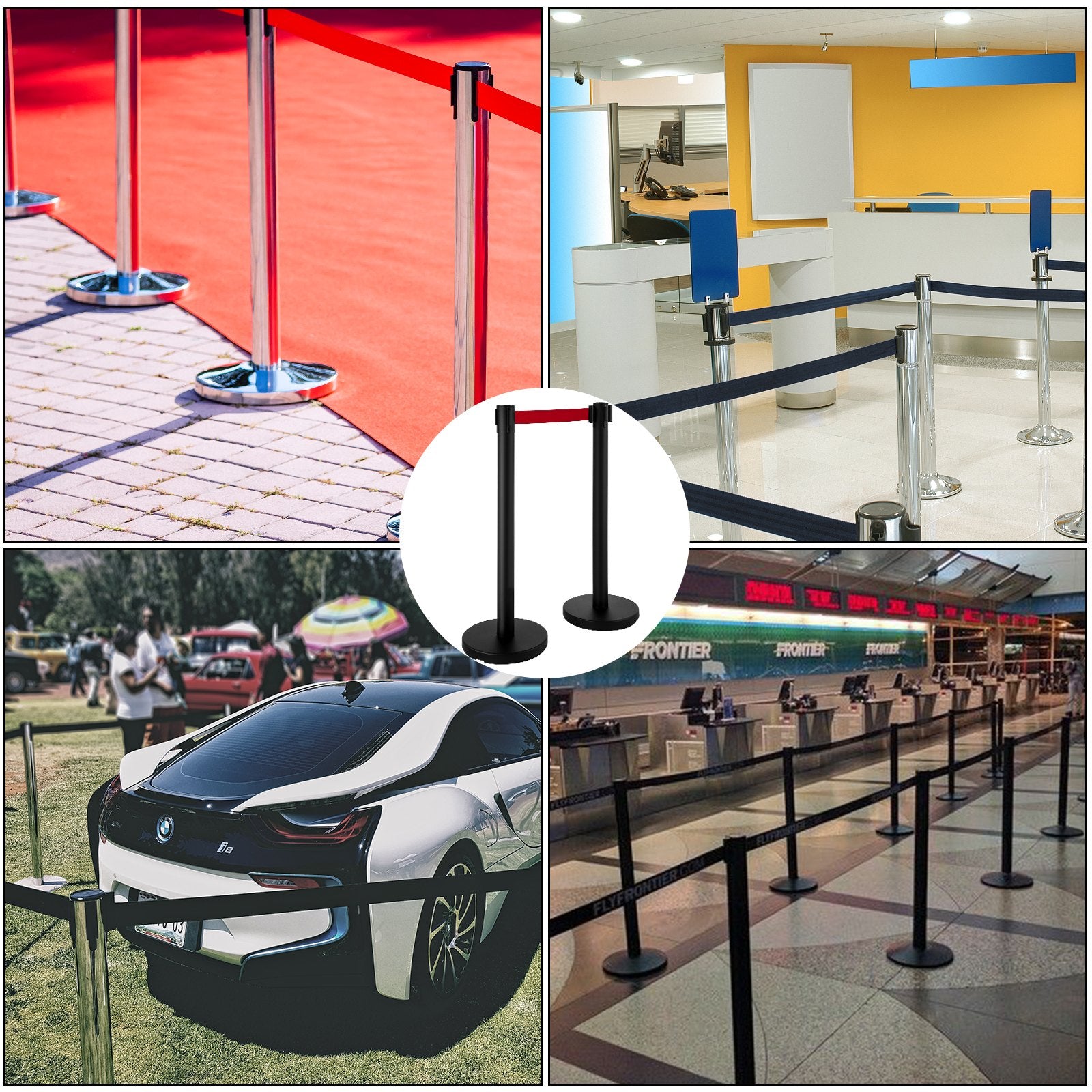 Stanchion Post Barriers 4-Set Line Dividers, Stainless Steel Stanchions with 6.6 Black Retractable Belts, V952-GLZ-CBTZ-HS-4JT01V0