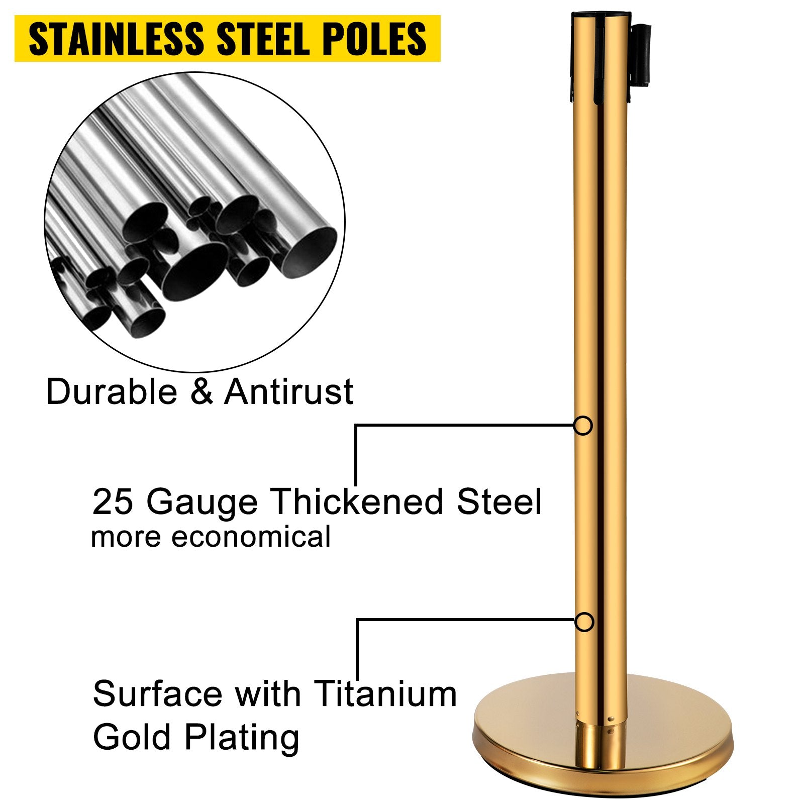 Stanchion Post Barriers 6-Set Line Dividers, Stainless Steel Stanchions with 6.6 Red Retractable Belts, V952-GLZ-CBTZ-JS-6JT01V0