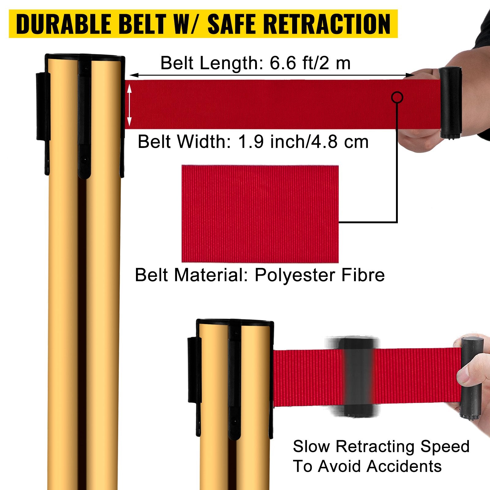 Stanchion Post Barriers 6-Set Line Dividers, Stainless Steel Stanchions with 6.6 Red Retractable Belts, V952-GLZ-CBTZ-JS-6JT01V0