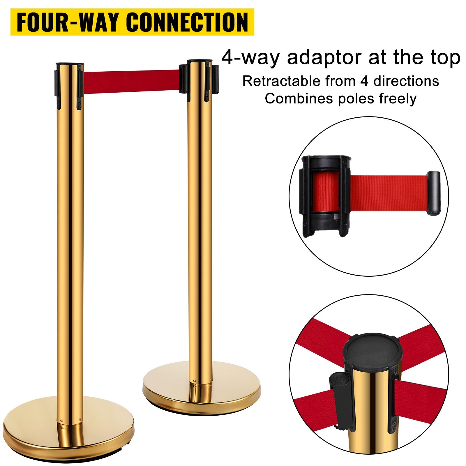 Stanchion Post Barriers 6-Set Line Dividers, Stainless Steel Stanchions with 6.6 Red Retractable Belts, V952-GLZ-CBTZ-JS-6JT01V0