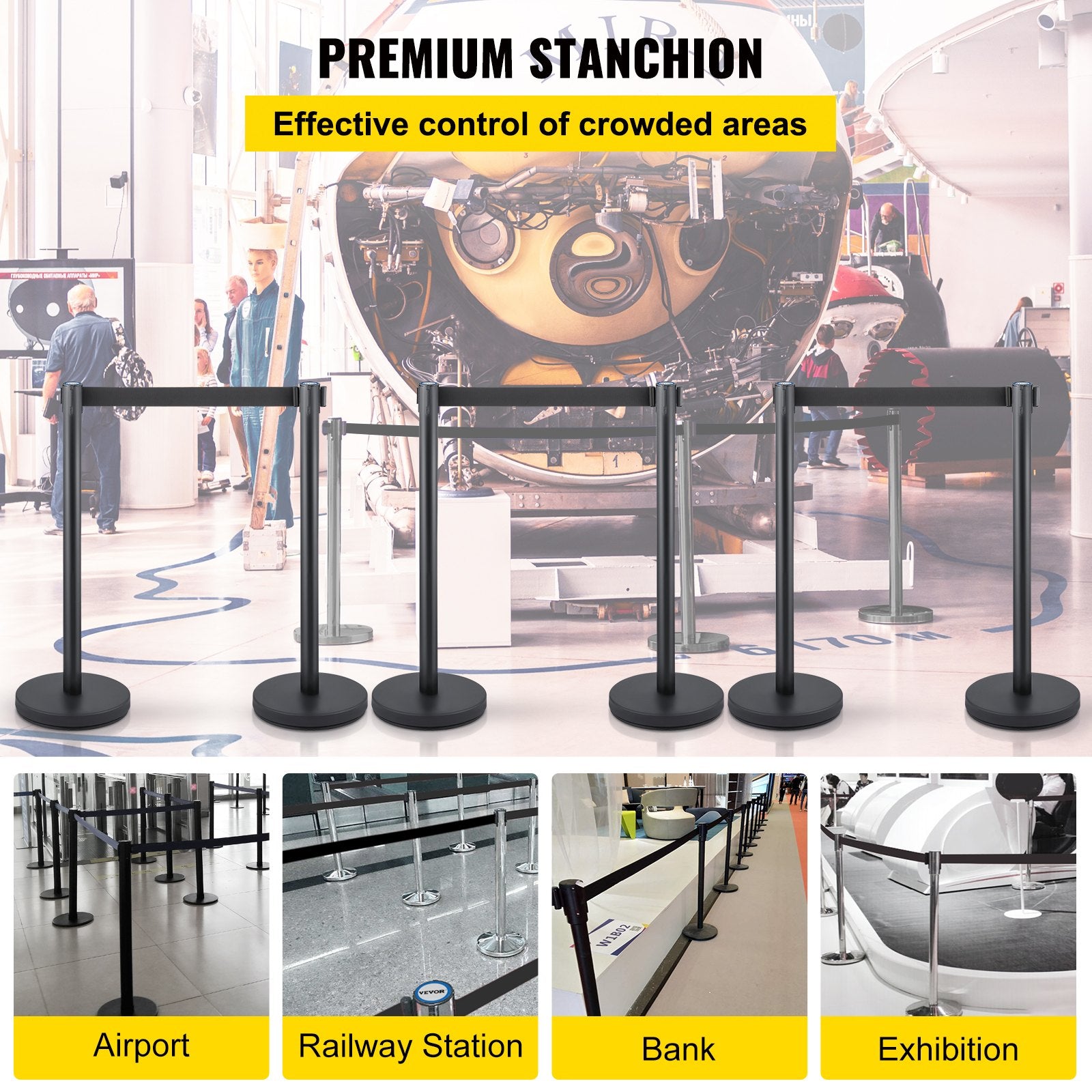 Crowd Control Stanchion, Set of 6 Pieces Stanchion Set, Stanchion Set with 6.6 ft/2 m Black Retractable Belt, V952-GLZHSHDJTZGT6K2UKV0