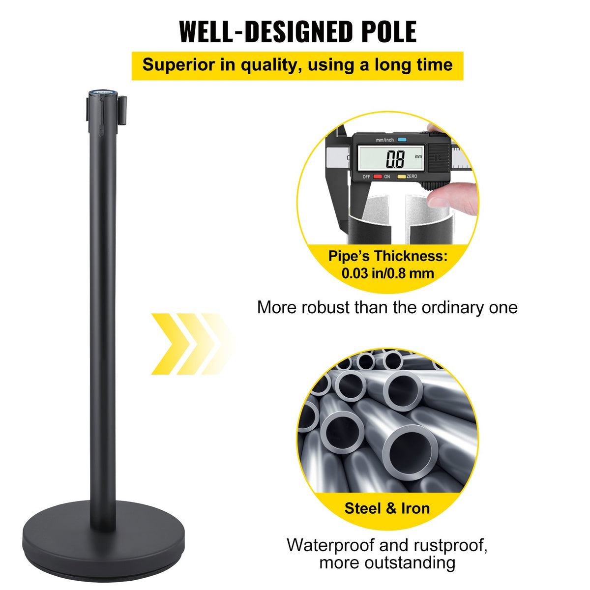 Crowd Control Stanchion, Set of 6 Pieces Stanchion Set, Stanchion Set with 6.6 ft/2 m Black Retractable Belt, V952-GLZHSHDJTZGT6K2UKV0