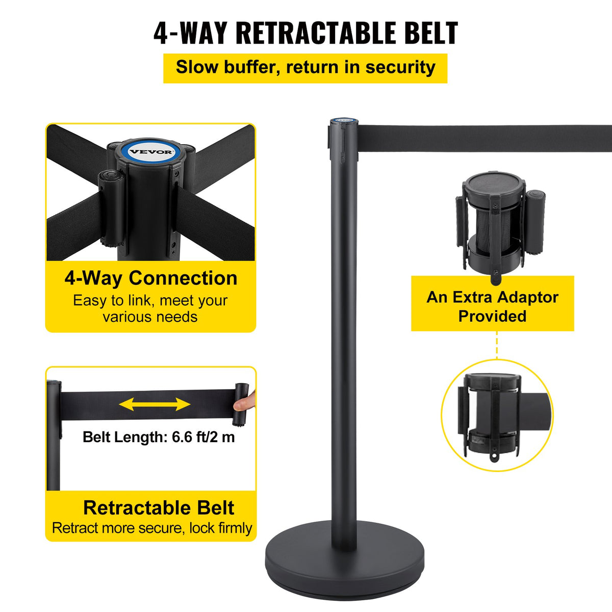 Crowd Control Stanchion, Set of 6 Pieces Stanchion Set, Stanchion Set with 6.6 ft/2 m Black Retractable Belt, V952-GLZHSHDJTZGT6K2UKV0