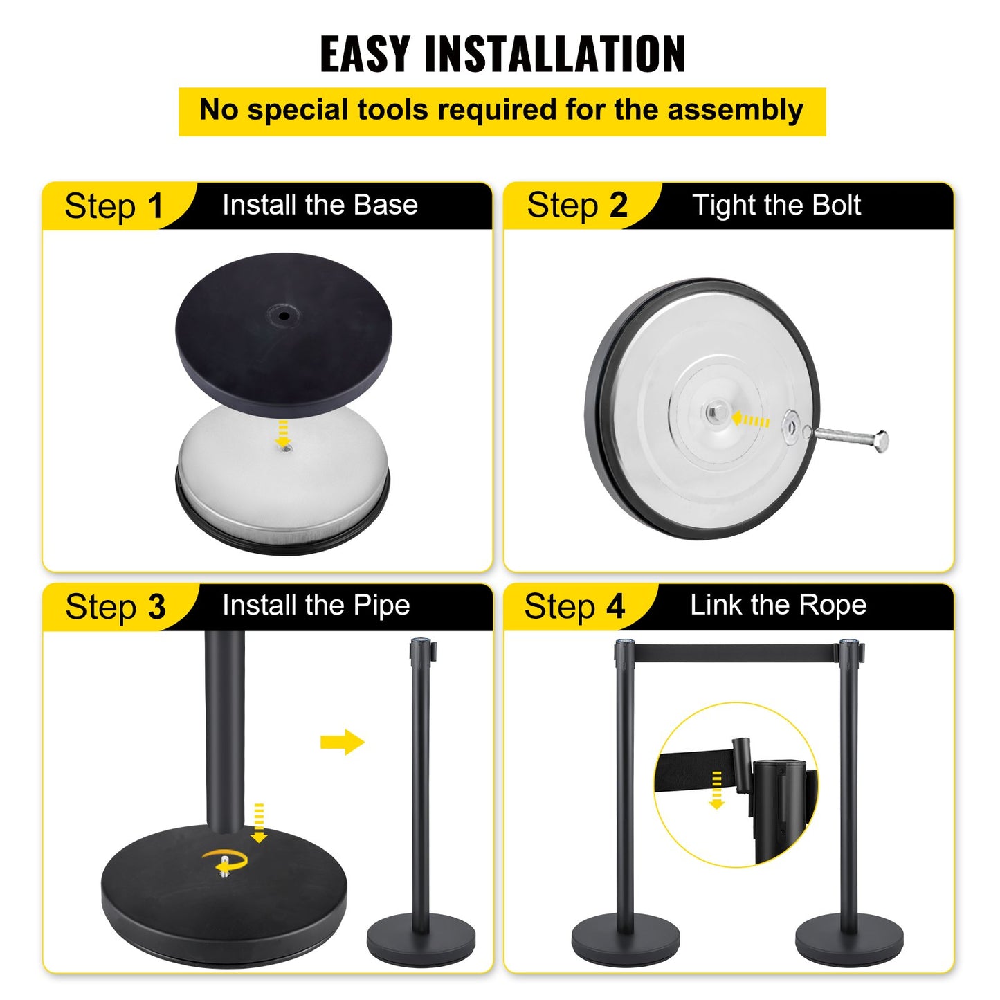 Crowd Control Stanchion, Set of 6 Pieces Stanchion Set, Stanchion Set with 6.6 ft/2 m Black Retractable Belt, V952-GLZHSHDJTZGT6K2UKV0