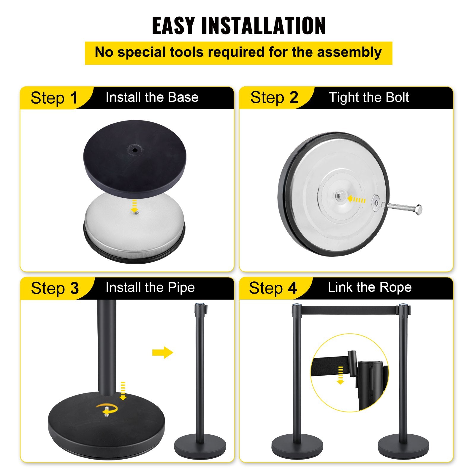 Crowd Control Stanchion, Set of 6 Pieces Stanchion Set, Stanchion Set with 6.6 ft/2 m Black Retractable Belt, V952-GLZHSHDJTZGT6K2UKV0