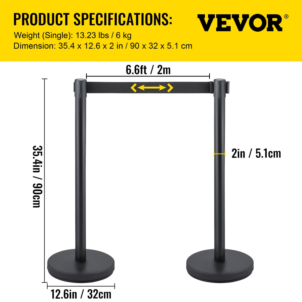 Crowd Control Stanchion, Set of 6 Pieces Stanchion Set, Stanchion Set with 6.6 ft/2 m Black Retractable Belt, V952-GLZHSHDJTZGT6K2UKV0