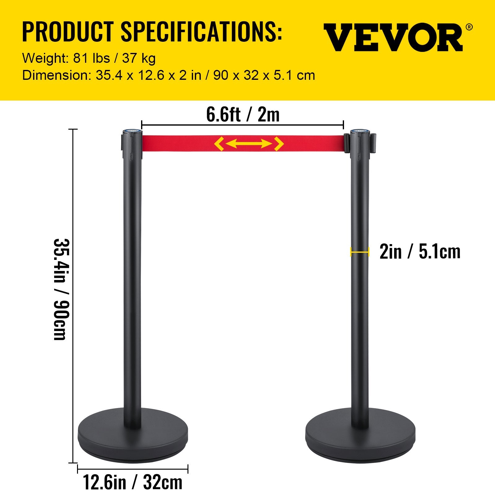 Crowd Control Stanchion, Set of 6 Pieces Stanchion Set, Stanchion Set with 6.6 ft/2 m Red Retractable Belt, V952-GLZHSHDJTZGX6TVTYV0