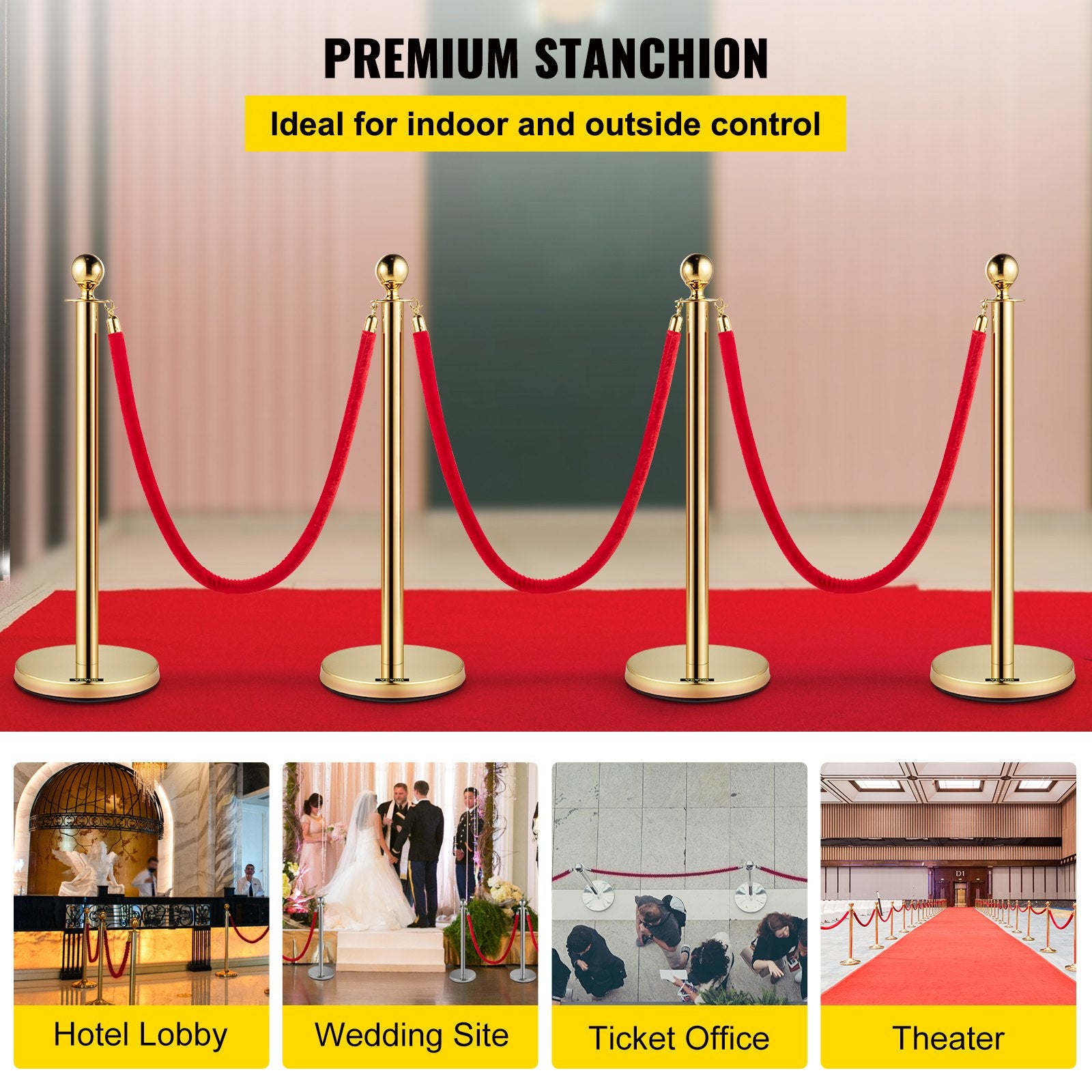 4PCS Gold Stanchion Posts Queue, 38 Inch Red Velvet Rope, Crowd Control Barriers Queue Line Rope, Barriers V952-GLZJS1.5M3GHRS4JTV0