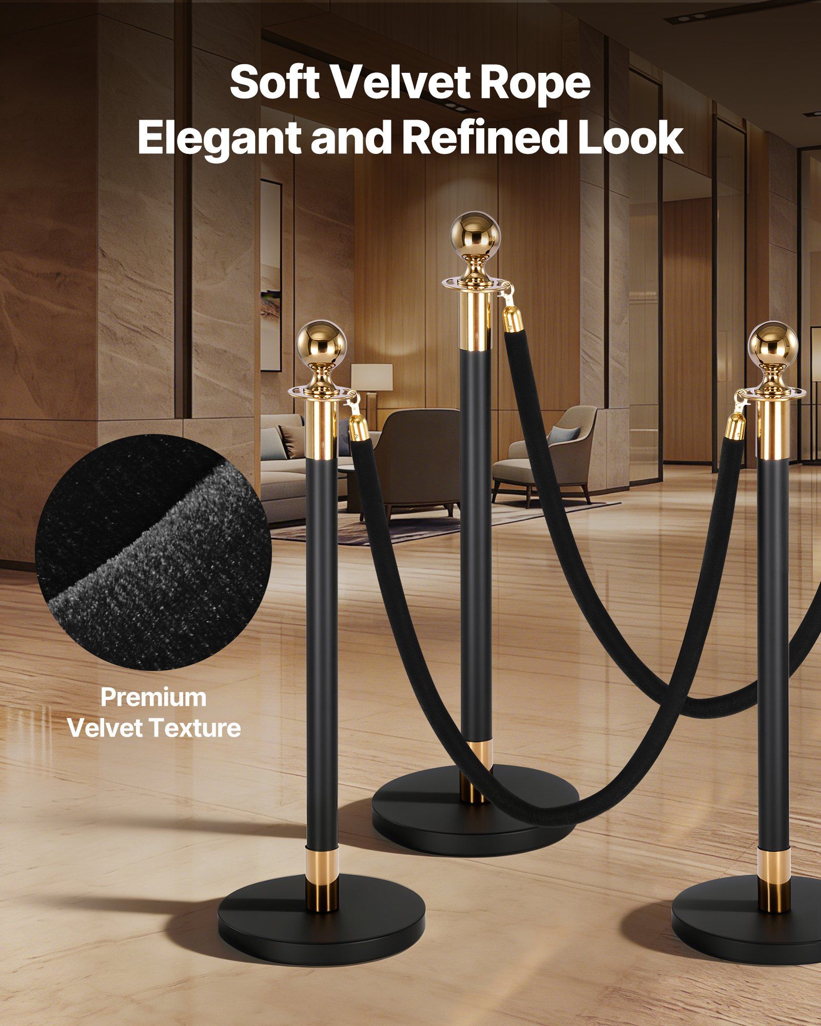2 Pcs Black Velvet Stanchion Ropes, 1.5 m Crowd Control Stanchion Black Velvet Ropes with Gold Hooks, Post V952-GLZSSPJ5FTJGQ4KCM001V0