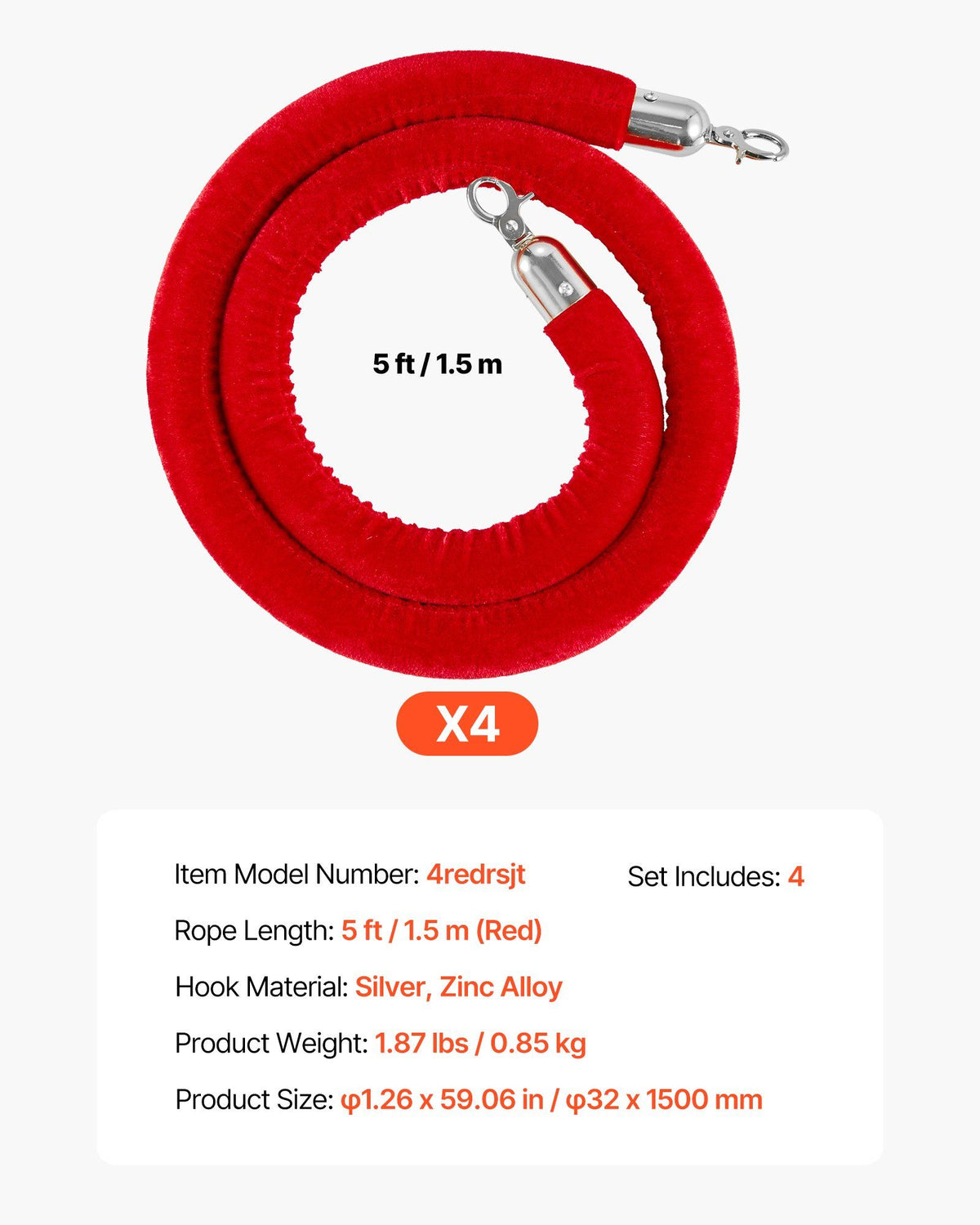 4 Pcs Red Velvet Stanchion Ropes, 1.5 m Crowd Control Stanchion Red Velvet Ropes with Silver Hooks, Post V952-GLZSSPJ5FTYG146BI001V0