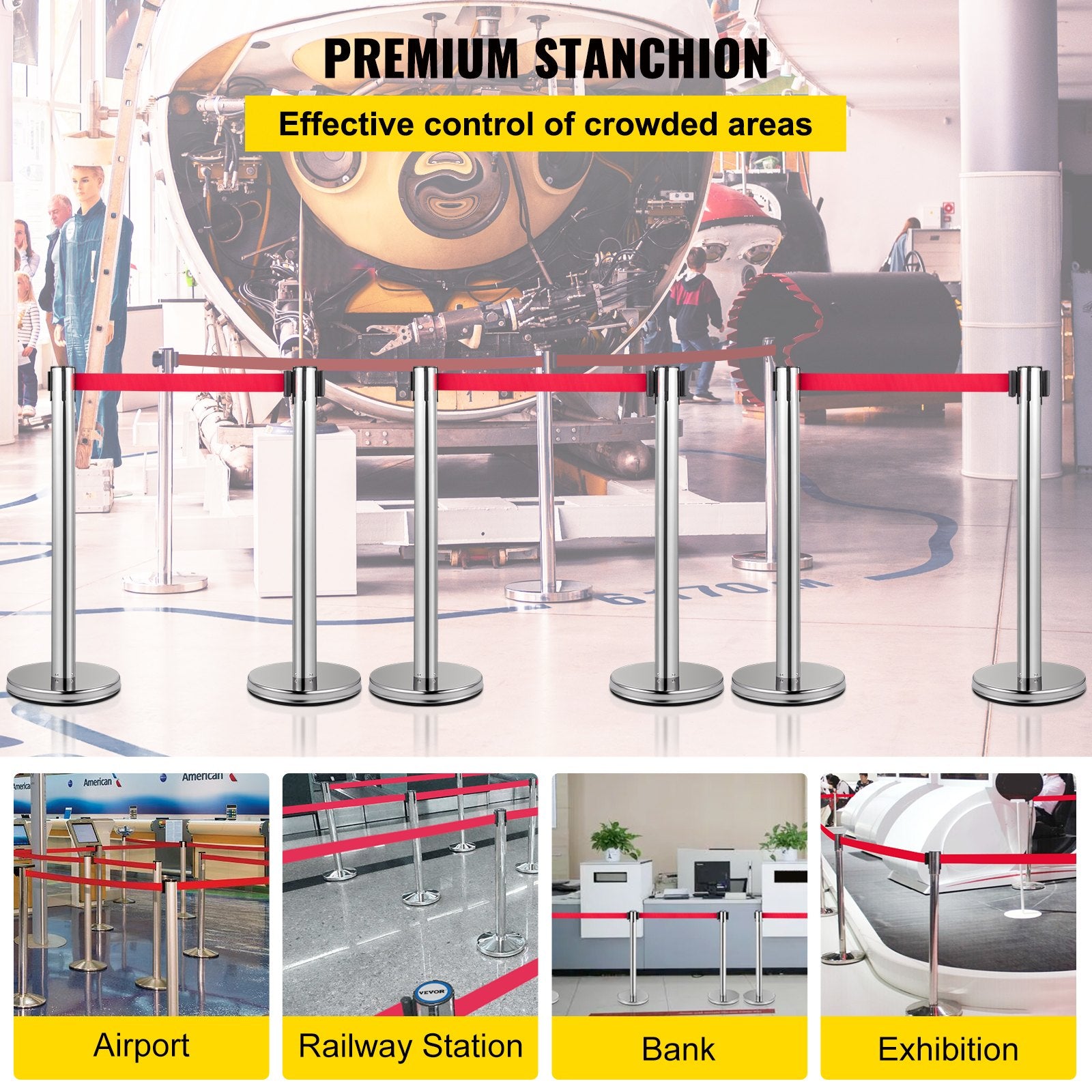 Crowd Control Stanchion, Set of 6 Pieces Stanchion Set, Stanchion Set with 2 m Red Retractable Belt, Crowd V952-GLZYSHDJTZGX6WOY8V0