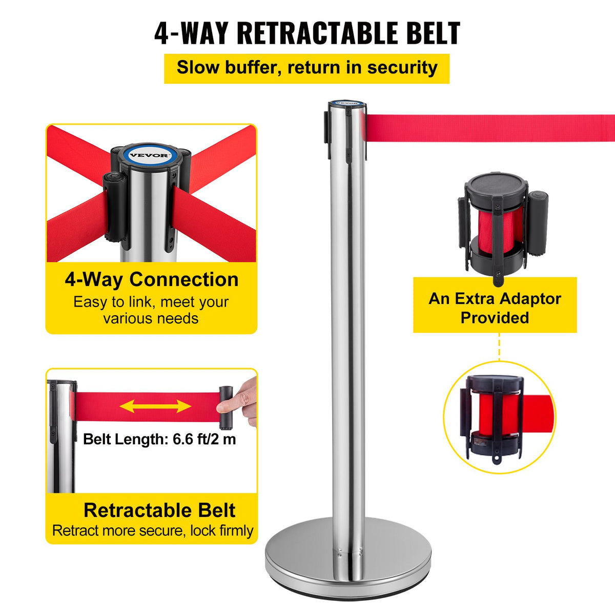 Crowd Control Stanchion, Set of 6 Pieces Stanchion Set, Stanchion Set with 2 m Red Retractable Belt, Crowd V952-GLZYSHDJTZGX6WOY8V0