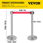 Crowd Control Stanchion, Set of 6 Pieces Stanchion Set, Stanchion Set with 2 m Red Retractable Belt, Crowd V952-GLZYSHDJTZGX6WOY8V0