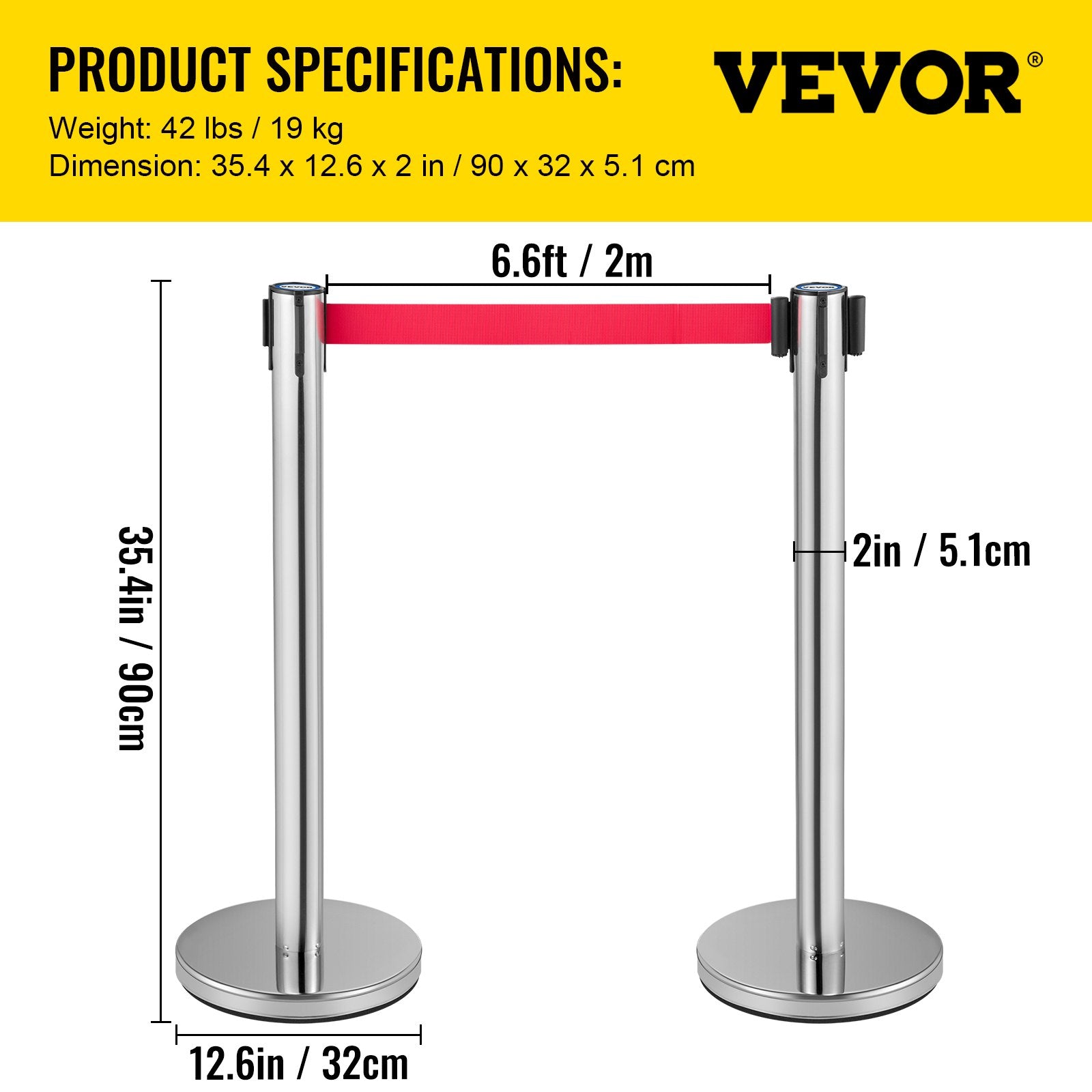 Crowd Control Stanchion, Set of 6 Pieces Stanchion Set, Stanchion Set with 2 m Red Retractable Belt, Crowd V952-GLZYSHDJTZGX6WOY8V0