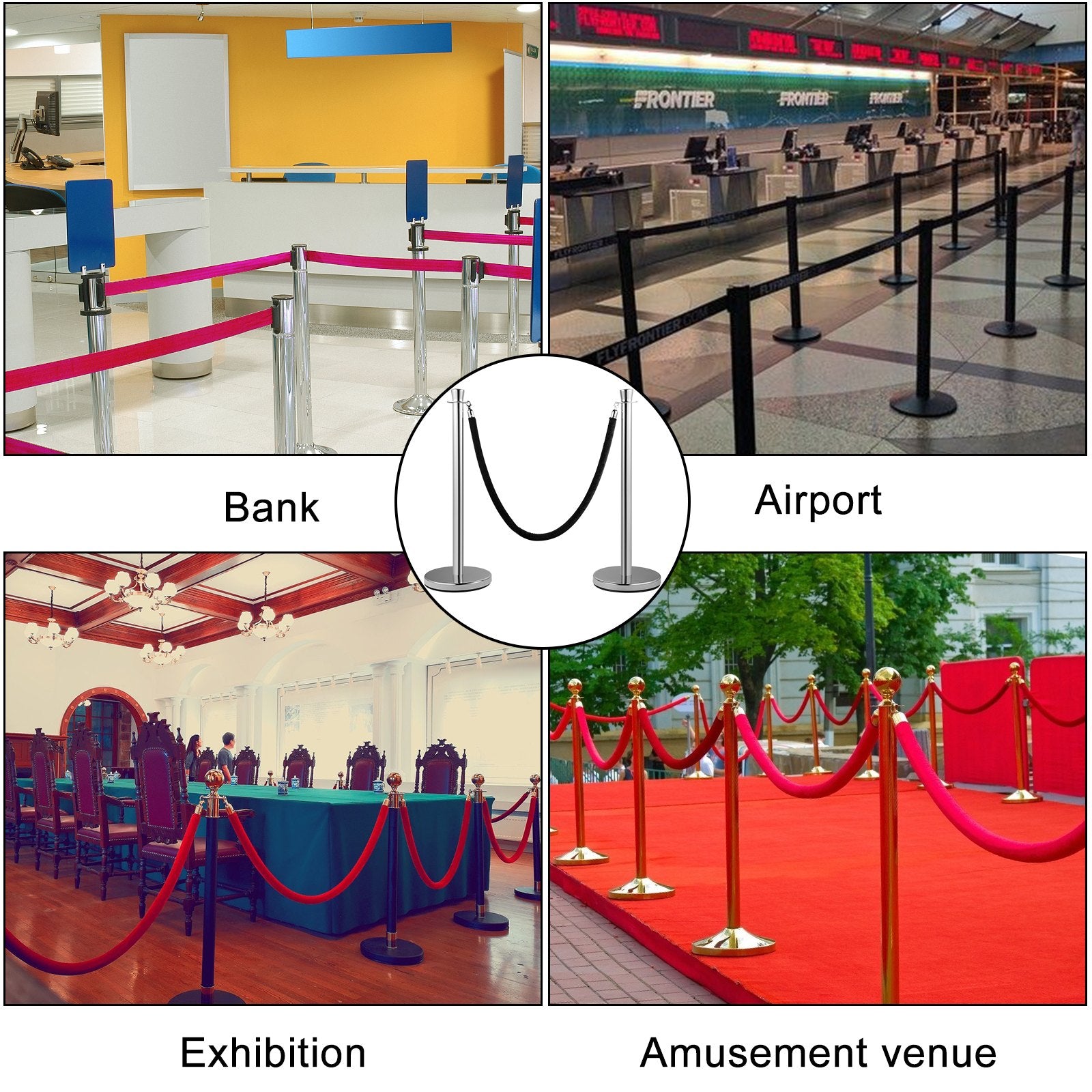 Crowd Control Stanchion, Set of 2 Pieces Stanchion Set, Stanchion Set with 5 ft/1.5 m Black Velvet Rope, V952-GLZYSHRSJTHG2M2IOV0