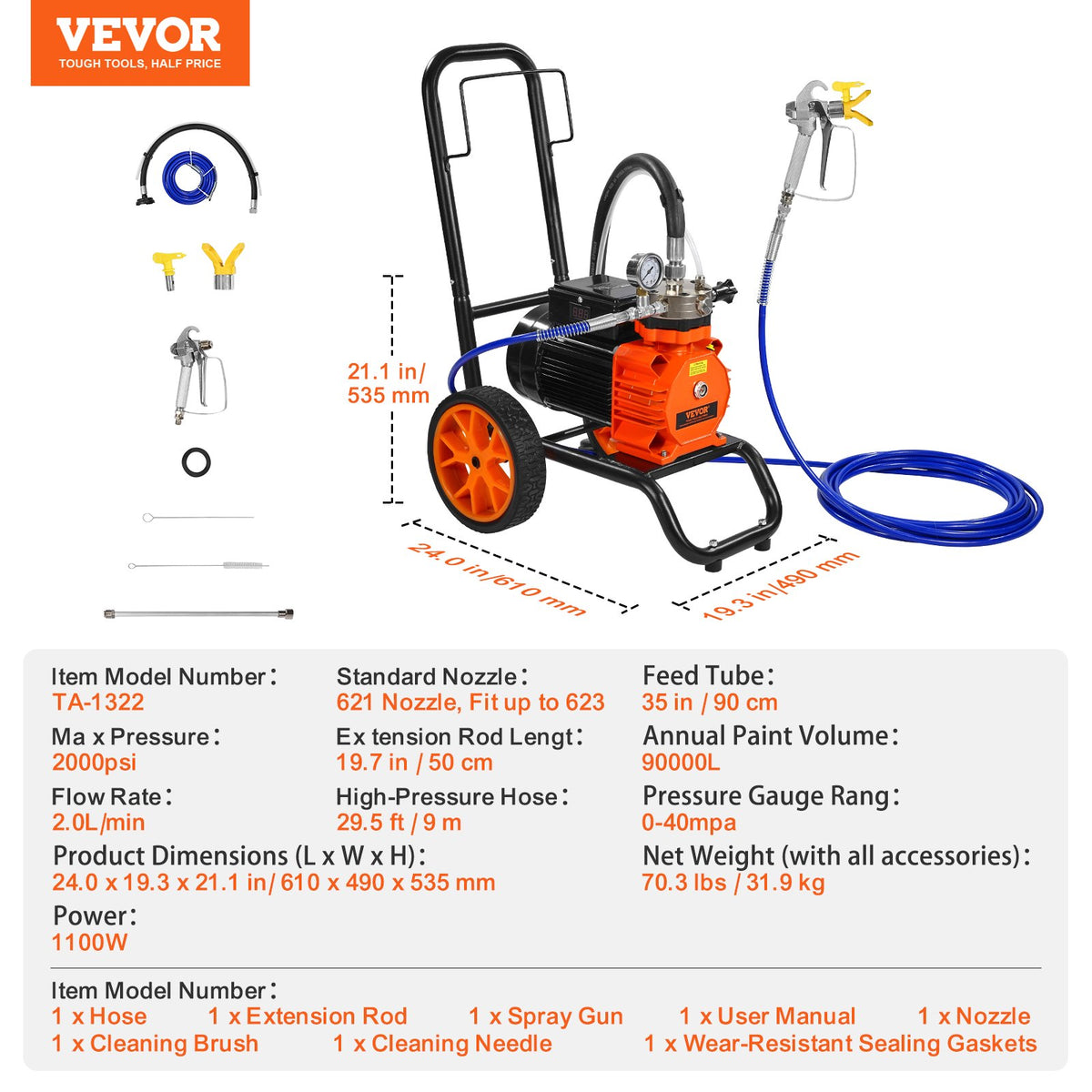 Diaphragm Airless Paint Sprayer, 1100 W Efficiency Cart Airless Paint Sprayer, 2000 psi High Pressure Paint V952-GMSGYWQPTJ11GUFKJV3