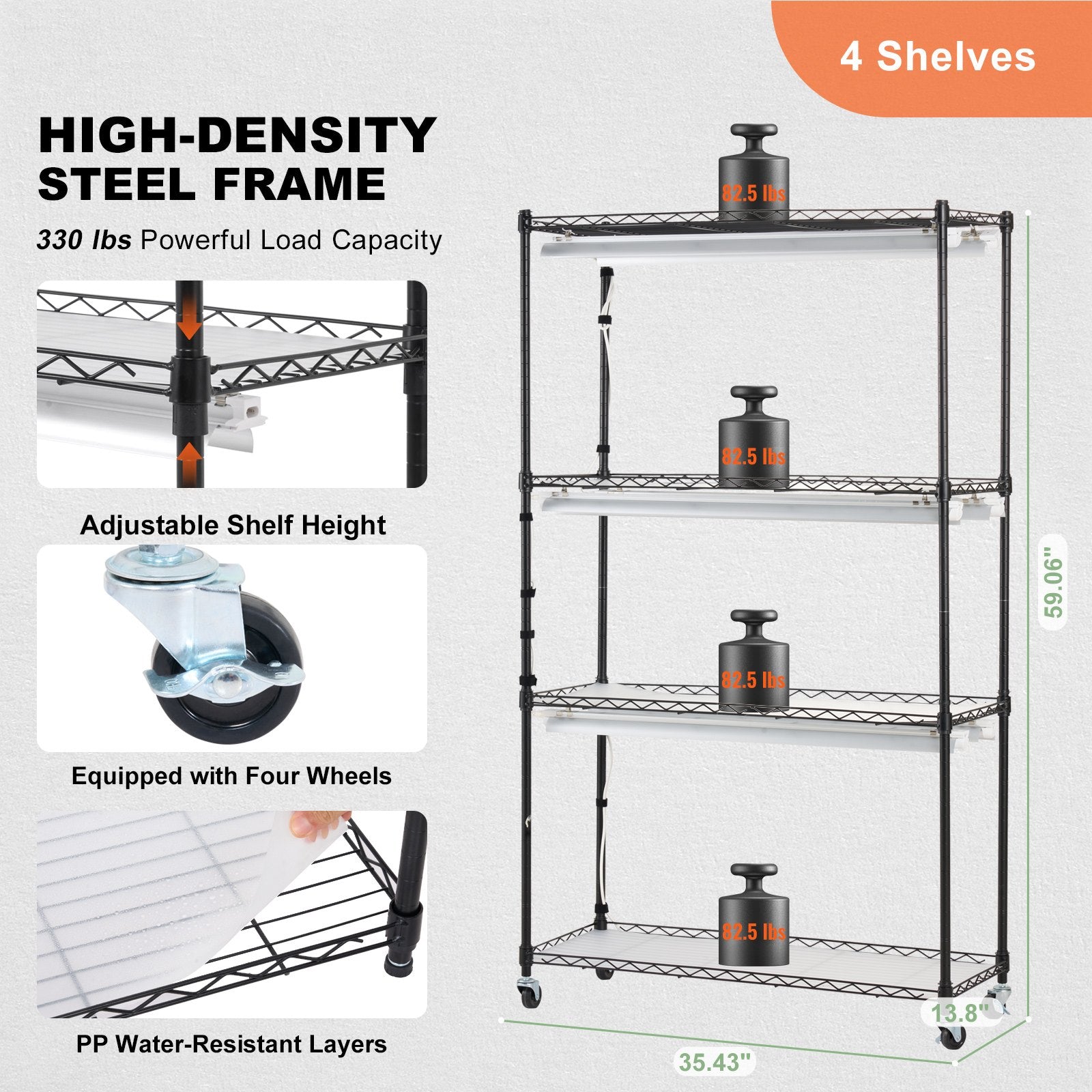 Plant Stand with Grow Lights 4 Tiers 180W 150 cm Tall Plant Grow Shelf V952-GNZWJ150CM90CHT6KV3