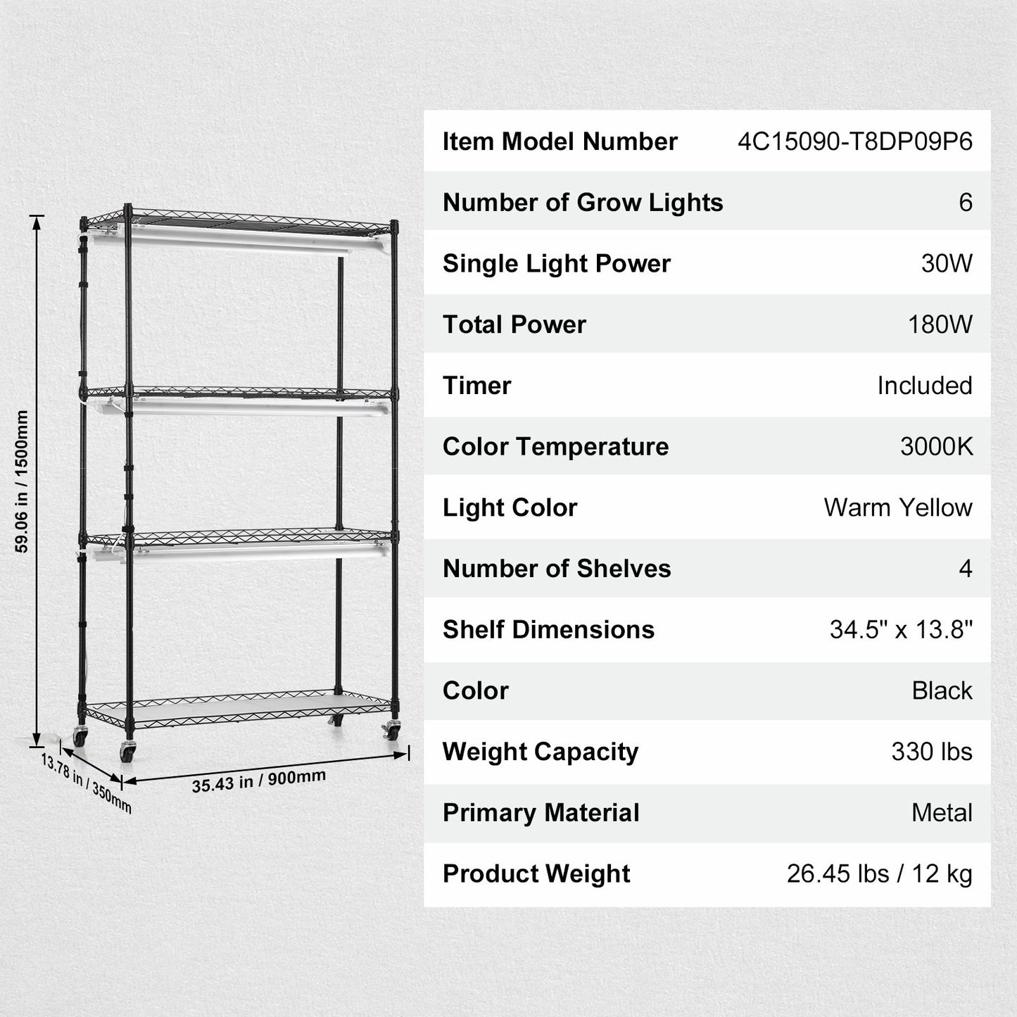 Plant Stand with Grow Lights 4 Tiers 180W 150 cm Tall Plant Grow Shelf V952-GNZWJ150CM90CHT6KV3