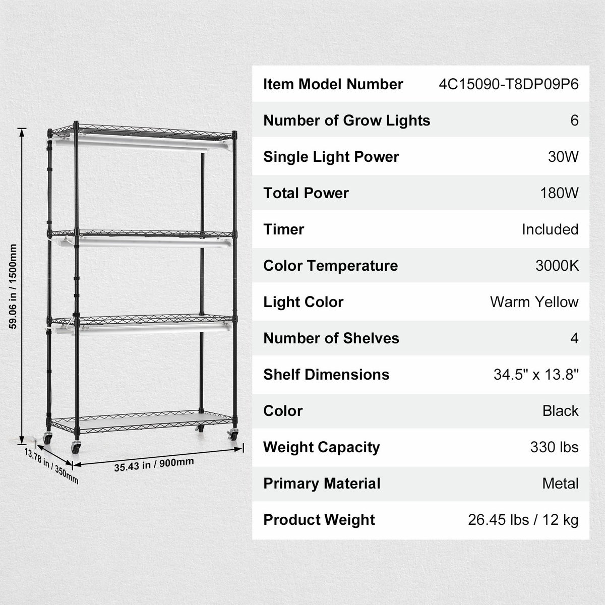 Plant Stand with Grow Lights 4 Tiers 180W 150 cm Tall Plant Grow Shelf V952-GNZWJ150CM90CHT6KV3