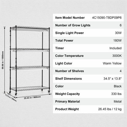 Plant Stand with Grow Lights 4 Tiers 180W 150 cm Tall Plant Grow Shelf V952-GNZWJ150CM90CHT6KV3