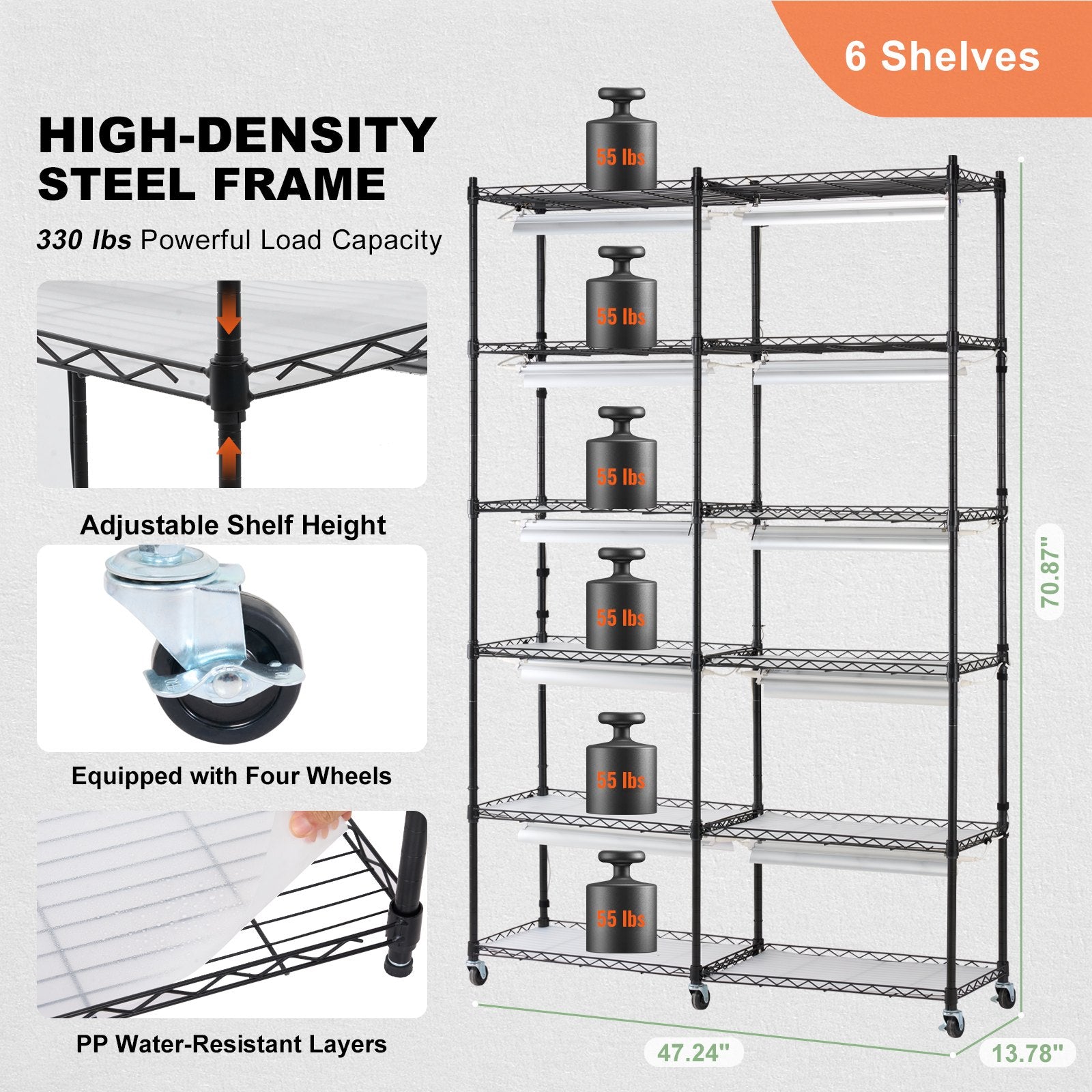 Plant Stand with Grow Light 6 Tiers 200W 59.1" Indoor Plant Grow Shelf V952-GNZWJ180CM12G2SEPV3