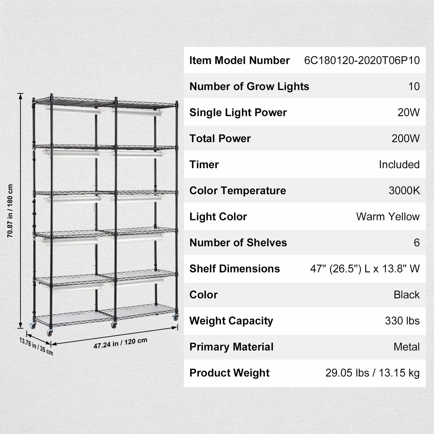 Plant Stand with Grow Light 6 Tiers 200W 59.1" Indoor Plant Grow Shelf V952-GNZWJ180CM12G2SEPV3