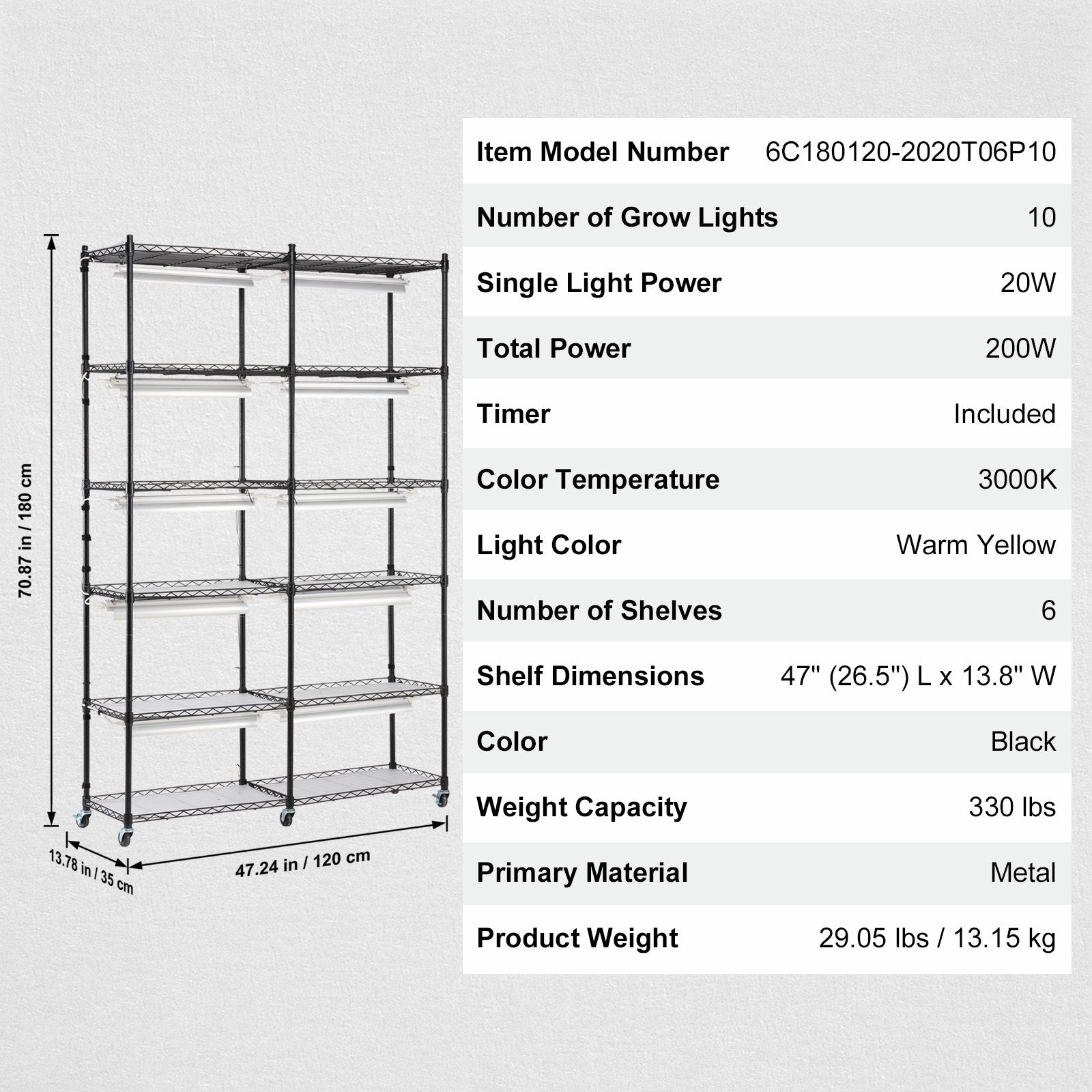 Plant Stand with Grow Light 6 Tiers 200W 59.1" Indoor Plant Grow Shelf V952-GNZWJ180CM12G2SEPV3