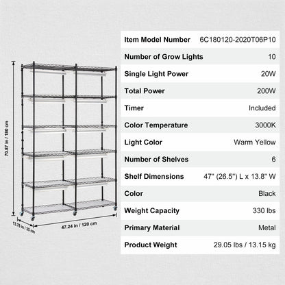 Plant Stand with Grow Light 6 Tiers 200W 59.1" Indoor Plant Grow Shelf V952-GNZWJ180CM12G2SEPV3