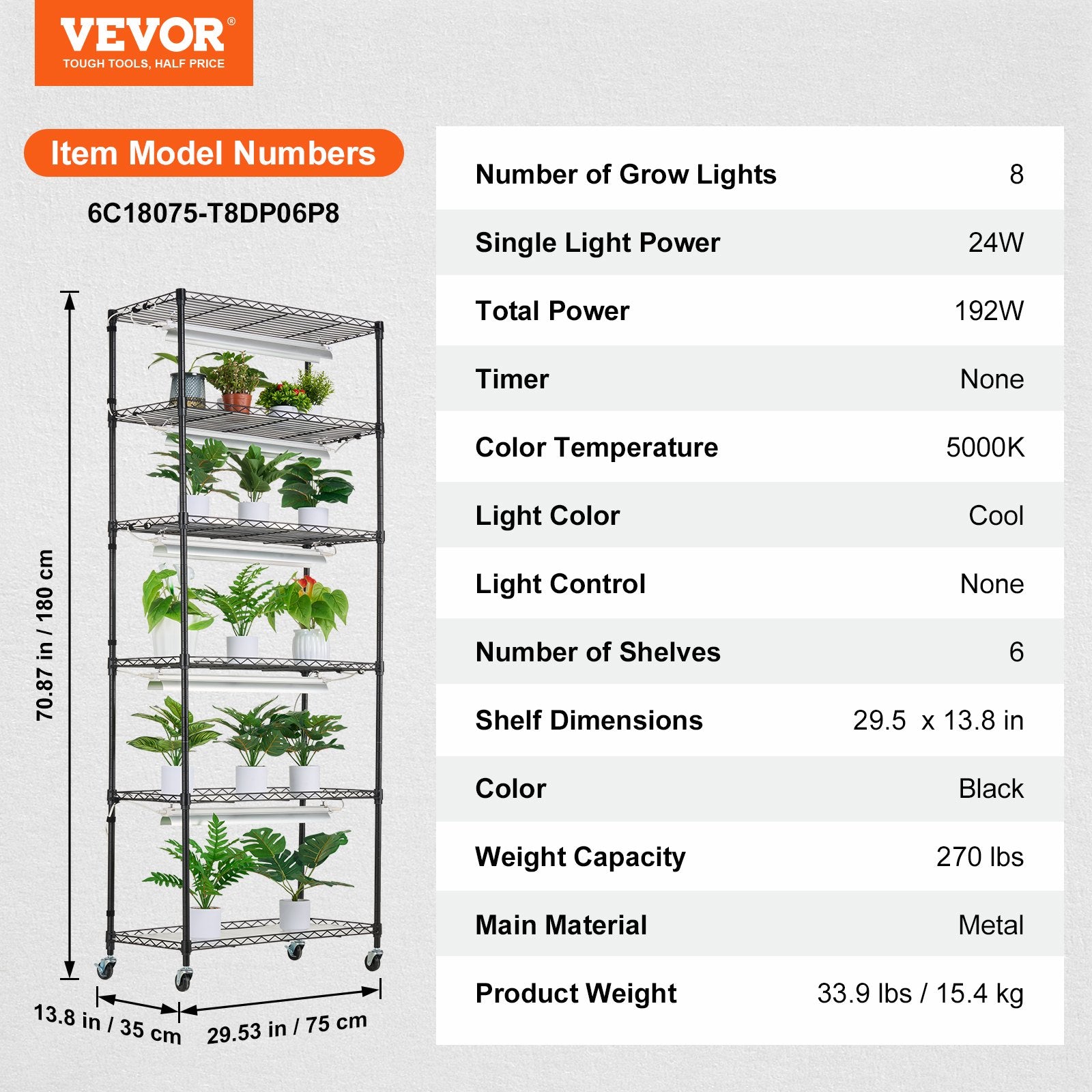 DIY Plant Stand with Grow Lights 6 Tiers 192W 70.9" Tall Plant Grow Shelf V952-GNZWJ180CM75LE0LQV3