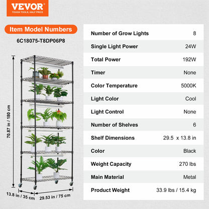 DIY Plant Stand with Grow Lights 6 Tiers 192W 70.9" Tall Plant Grow Shelf V952-GNZWJ180CM75LE0LQV3