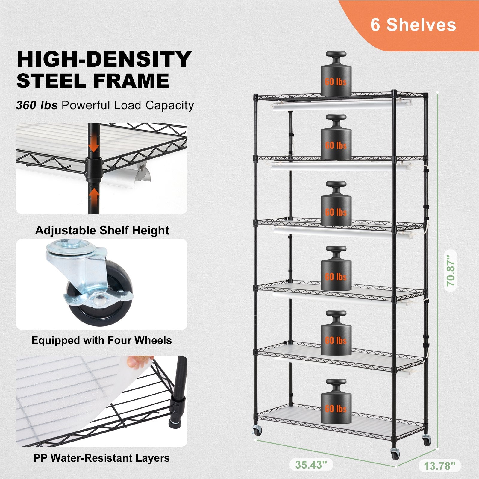 Plant Stand with Grow Light 6 Tiers 180W 180 cm Indoor Plant Grow Shelf V952-GNZWJ180CM90SFKCTV3