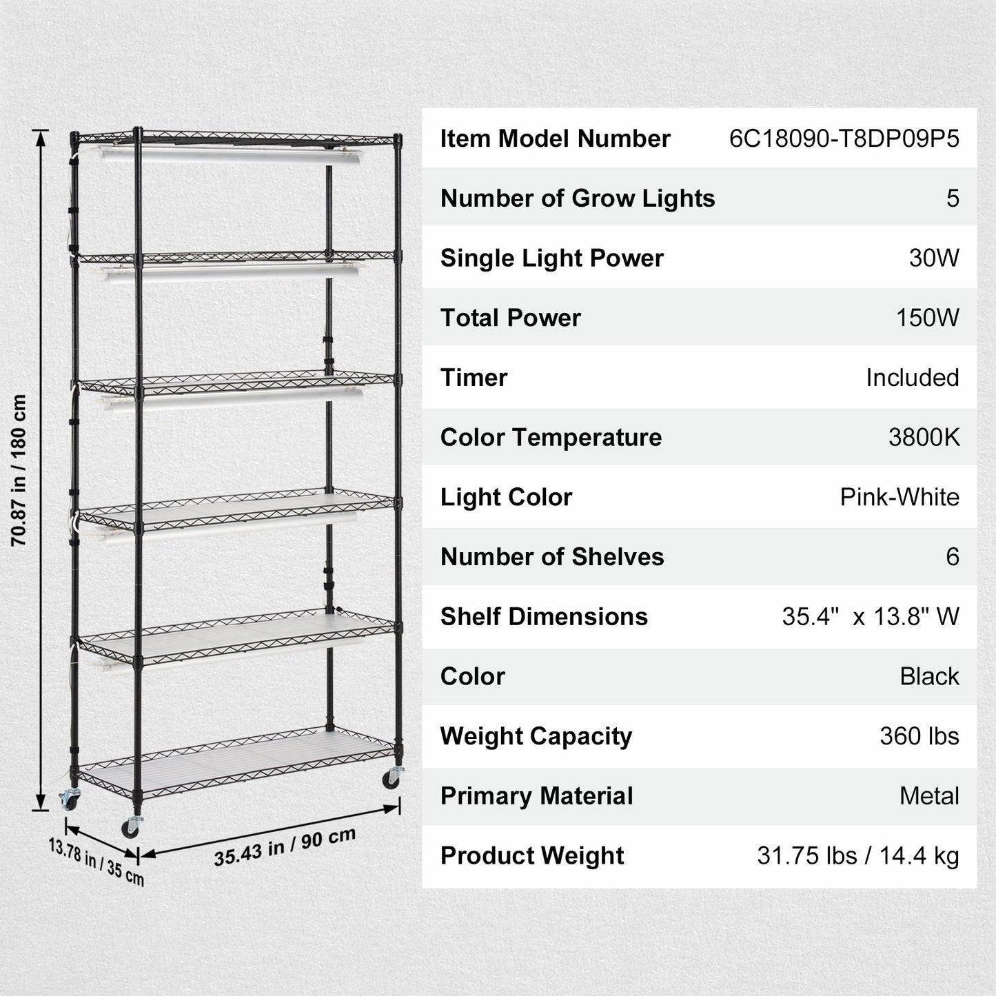 Plant Stand with Grow Light 6 Tiers 180W 180 cm Indoor Plant Grow Shelf V952-GNZWJ180CM90SFKCTV3
