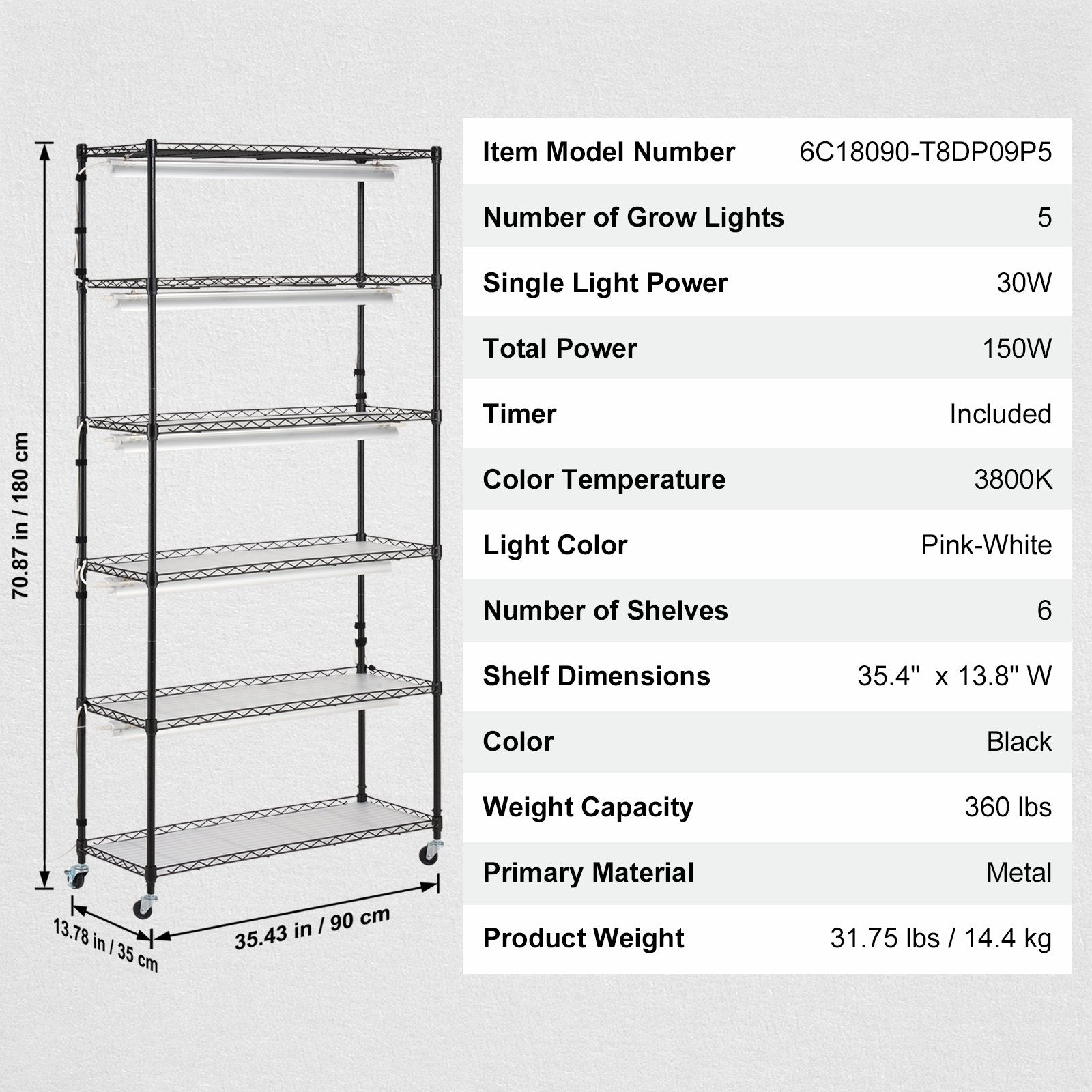 Plant Stand with Grow Light 6 Tiers 180W 180 cm Indoor Plant Grow Shelf V952-GNZWJ180CM90SFKCTV3