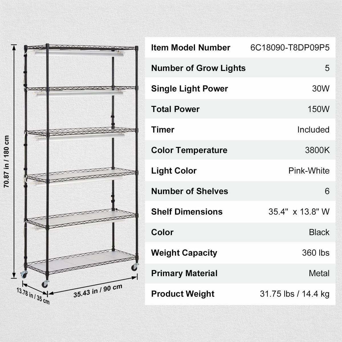 Plant Stand with Grow Light 6 Tiers 180W 180 cm Indoor Plant Grow Shelf V952-GNZWJ180CM90SFKCTV3