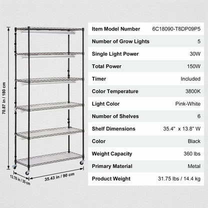 Plant Stand with Grow Light 6 Tiers 180W 180 cm Indoor Plant Grow Shelf V952-GNZWJ180CM90SFKCTV3