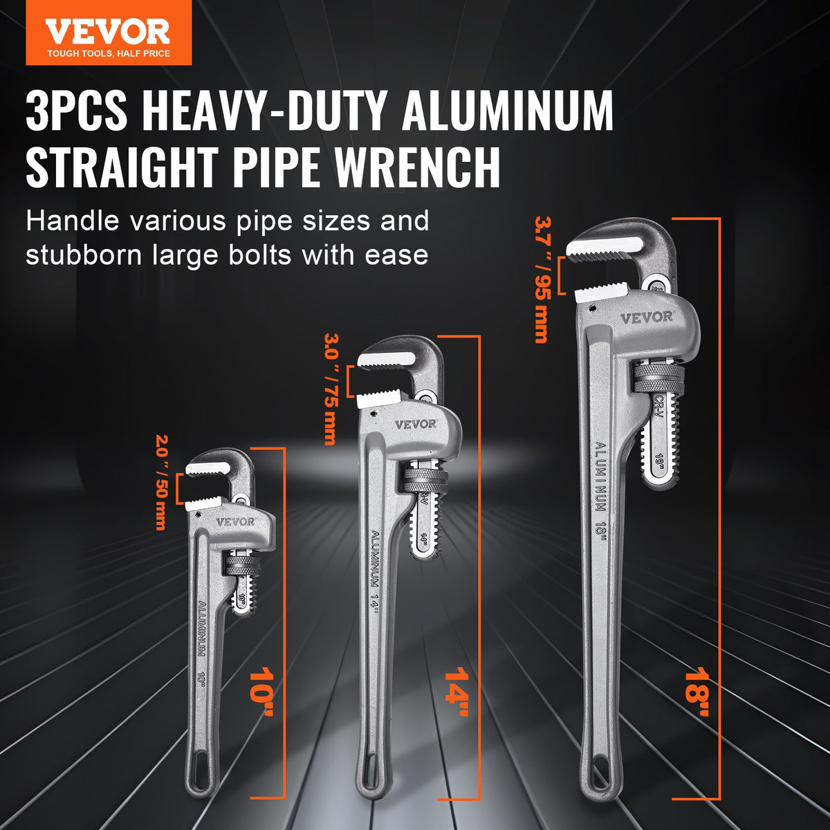 3-Piece Pipe Wrench Set, 10" 14" 18" Aluminum Straight Pipe Wrench, Adjustable Plumbing Wrench, with High V952-GQBS101418IN6D4SMV0