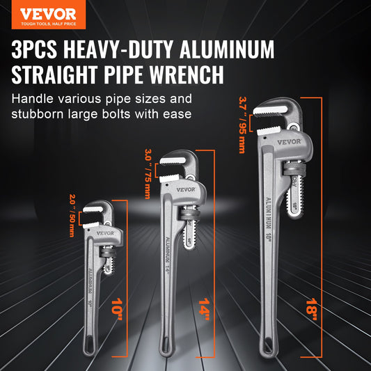 3-Piece Pipe Wrench Set, 10" 14" 18" Aluminum Straight Pipe Wrench, Adjustable Plumbing Wrench, with High V952-GQBS101418IN6D4SMV0
