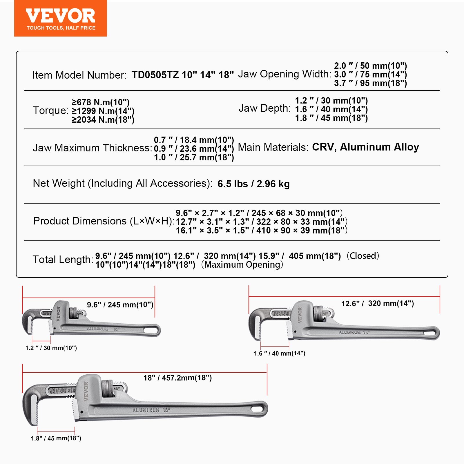 3-Piece Pipe Wrench Set, 10" 14" 18" Aluminum Straight Pipe Wrench, Adjustable Plumbing Wrench, with High V952-GQBS101418IN6D4SMV0