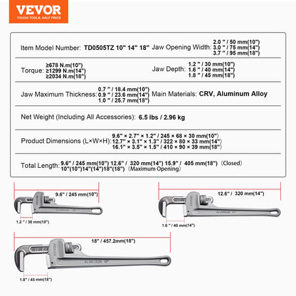 3-Piece Pipe Wrench Set, 10" 14" 18" Aluminum Straight Pipe Wrench, Adjustable Plumbing Wrench, with High V952-GQBS101418IN6D4SMV0