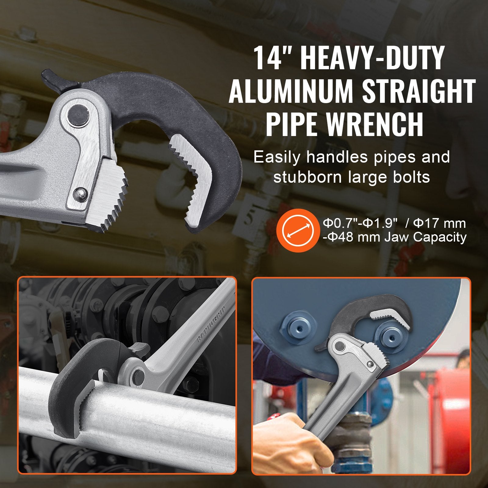 Pipe Wrench, 14" Aluminum Straight Pipe Wrench, Automatic Jaw Adjustment, Adjustable Plumbing Wrench, Easy to V952-GQBS14INCHZG5HXBPV0