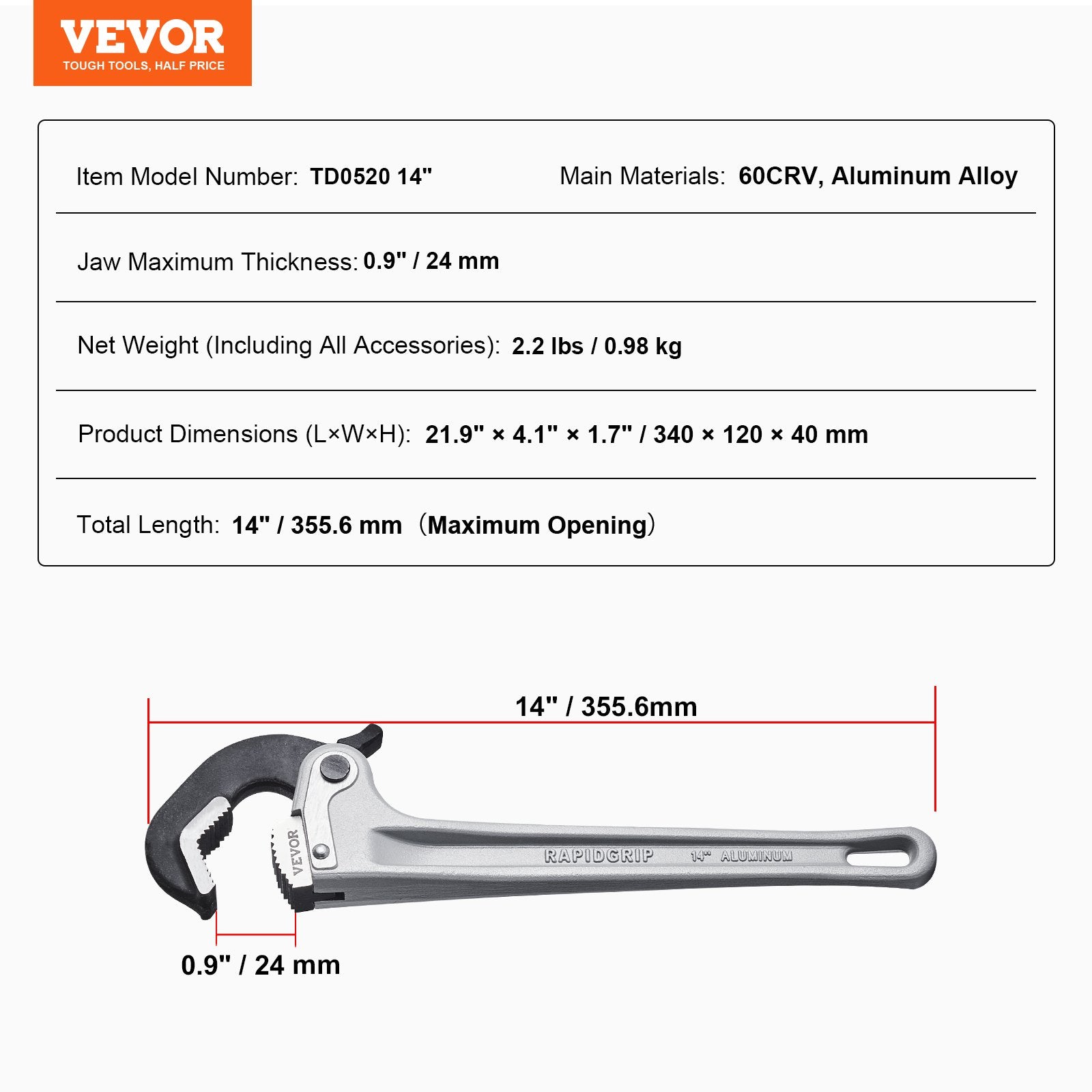 Pipe Wrench, 14" Aluminum Straight Pipe Wrench, Automatic Jaw Adjustment, Adjustable Plumbing Wrench, Easy to V952-GQBS14INCHZG5HXBPV0