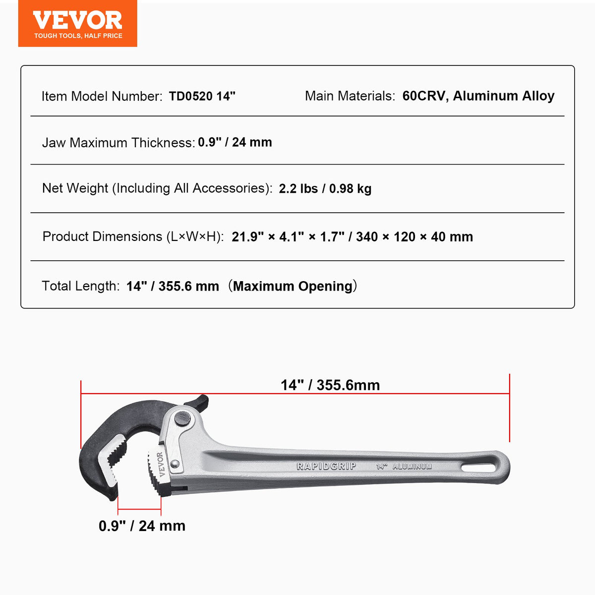 Pipe Wrench, 14" Aluminum Straight Pipe Wrench, Automatic Jaw Adjustment, Adjustable Plumbing Wrench, Easy to V952-GQBS14INCHZG5HXBPV0
