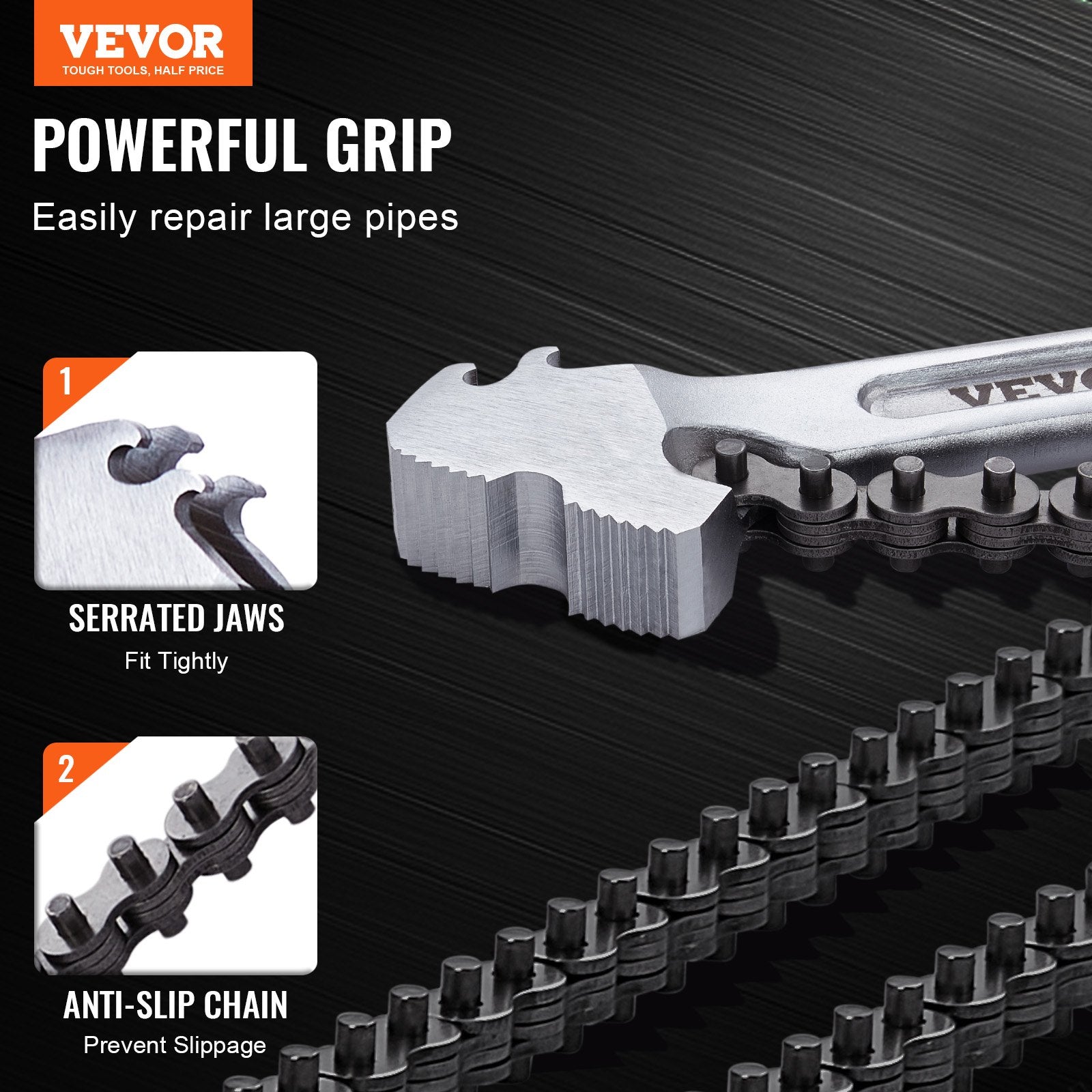 Chain Wrench, 48 inch Chain Pipe Wrench, 13.4 inch Diameter Capacity, CRV Reversible Pipe Fitting Tool Wrench V952-GQBSLT48INCHG4URHV0