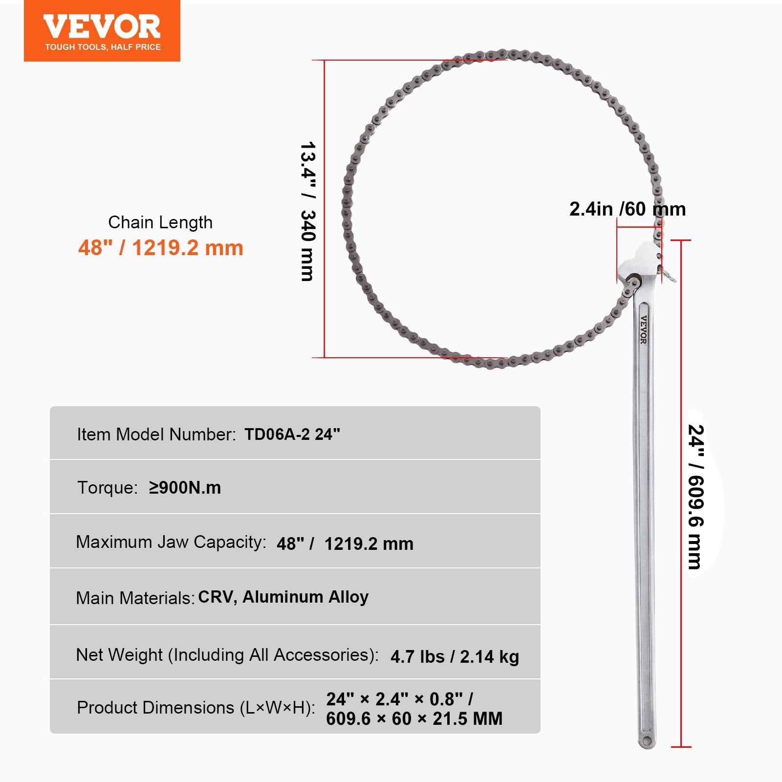 Chain Wrench, 48 inch Chain Pipe Wrench, 13.4 inch Diameter Capacity, CRV Reversible Pipe Fitting Tool Wrench V952-GQBSLT48INCHG4URHV0