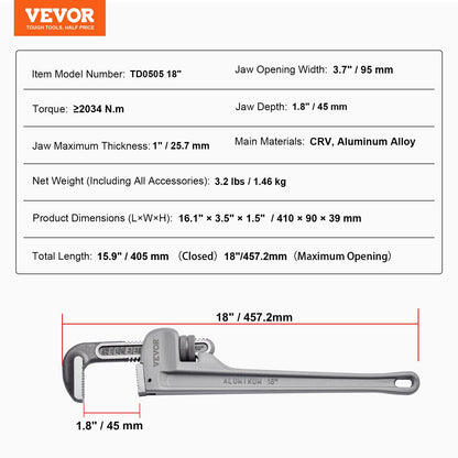 Pipe Wrench, 18" Aluminum Straight Pipe Wrench, Adjustable Plumbing Wrench, with High Strength Jaw and V952-GQBSZG18INCHV5JD7V0
