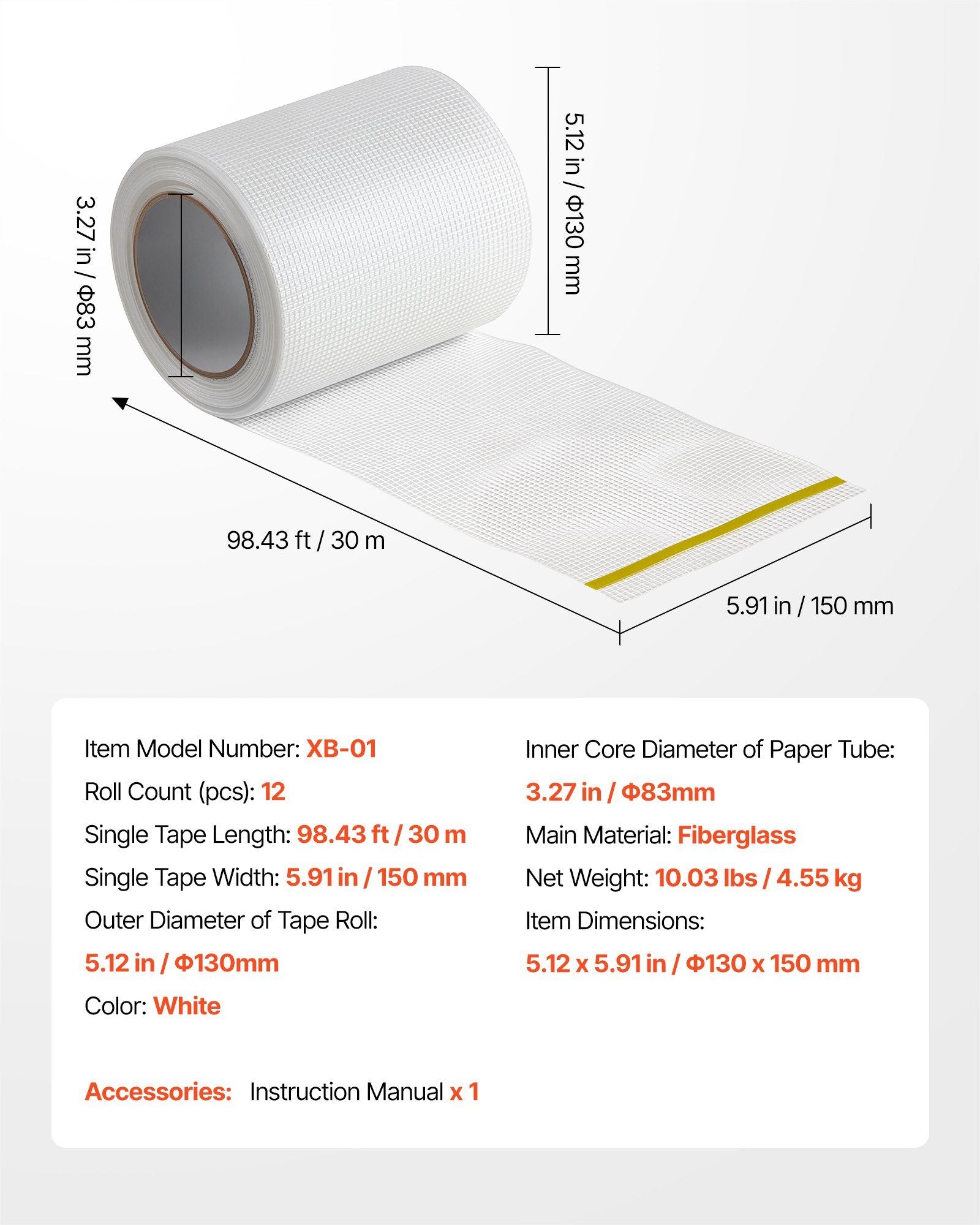 Drywall Mesh Tape, 150mm W x 30m L Self-Adhesive Fiberglass Drywall Joint Tape, 12 Rolls Dry Wall Patch for V952-GQJDZZBLXWW1OR340001V0