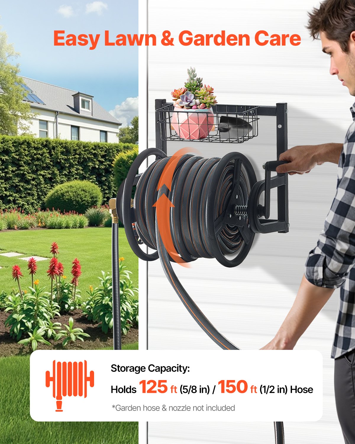 Wall Mounted Garden Hose Reel 125ft 5/8 in Metal Hose Reel with Basket V952-GQSSGJP125FTTLQ5I002V0