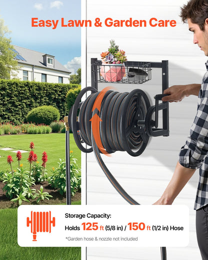 Wall Mounted Garden Hose Reel 125ft 5/8 in Metal Hose Reel with Basket V952-GQSSGJP125FTTLQ5I002V0